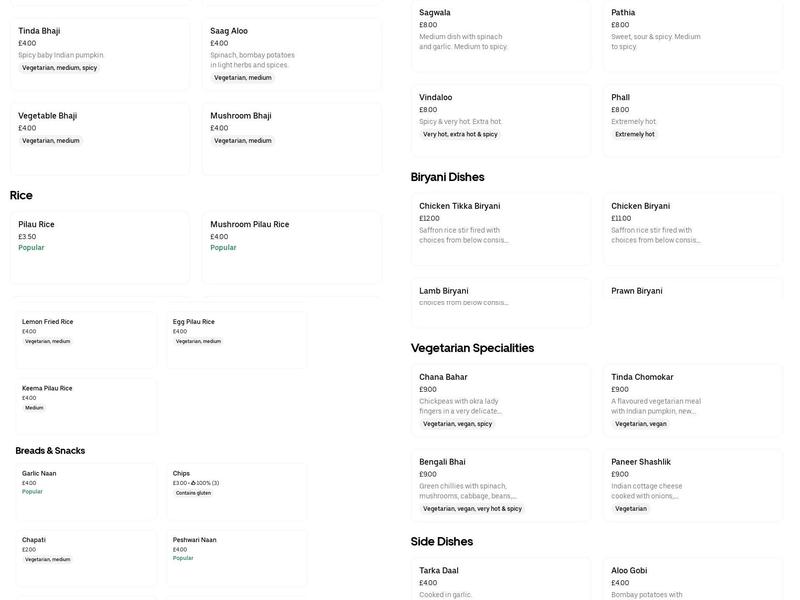 Millers Indian Restaurant Grimsby Menu