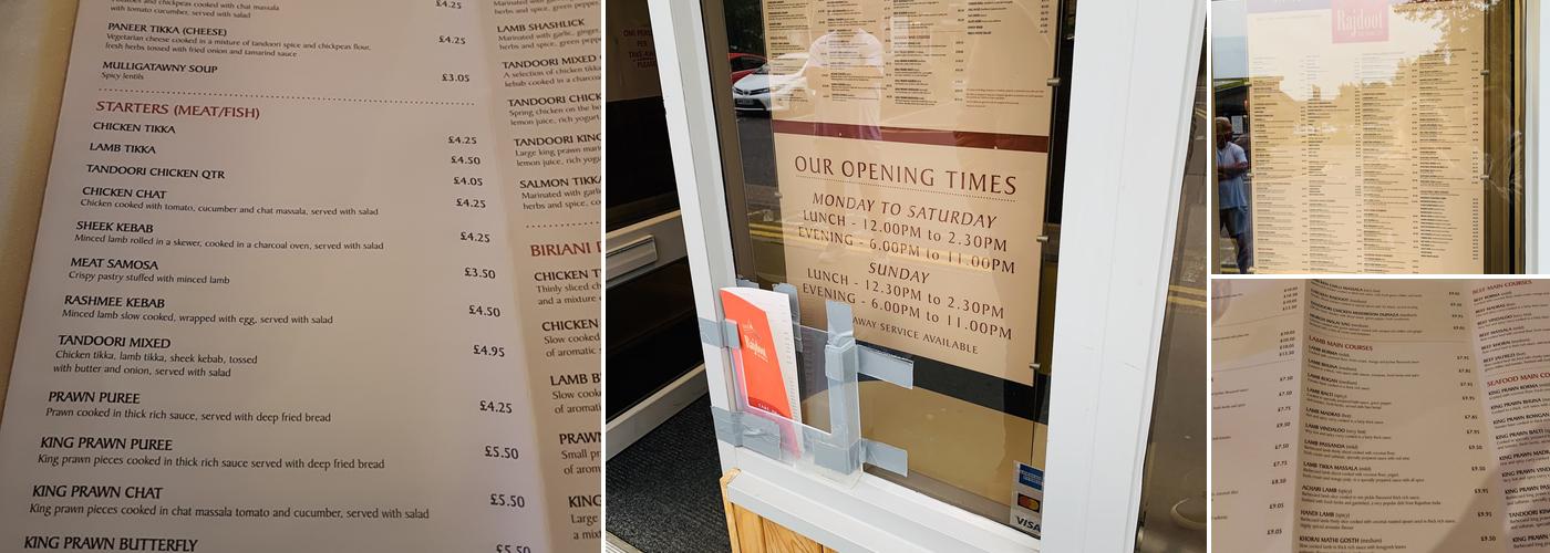 The Rajdoot, Guildford Menu