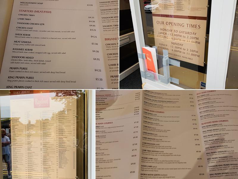 The Rajdoot, Guildford Menu