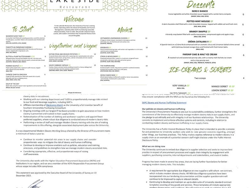 Lakeside Restaurant Menu