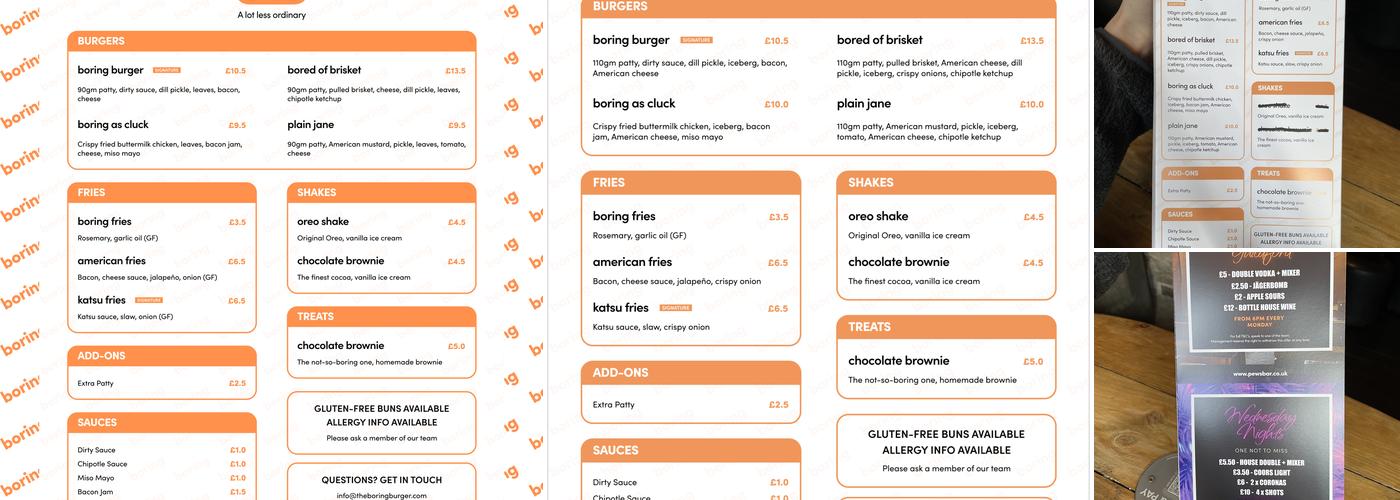 The Boring burger Menu