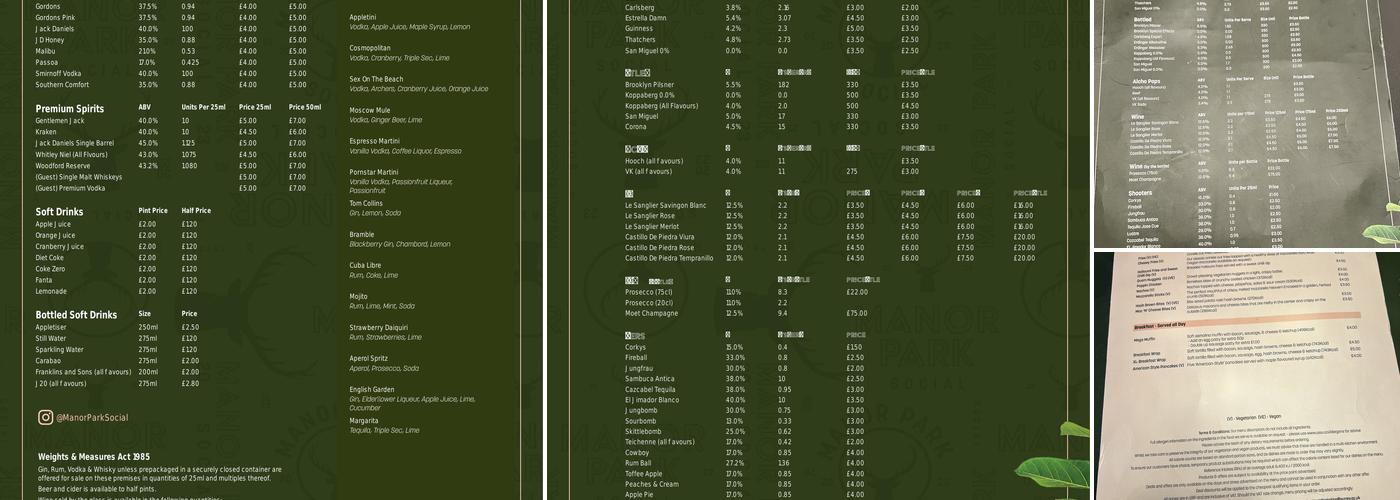 Manor Park Social Menu