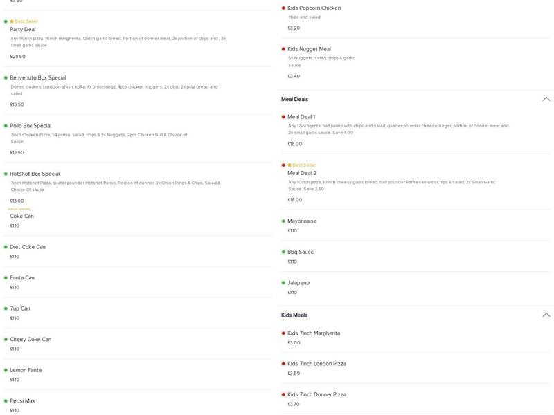 Benvenuto Pizza Menu