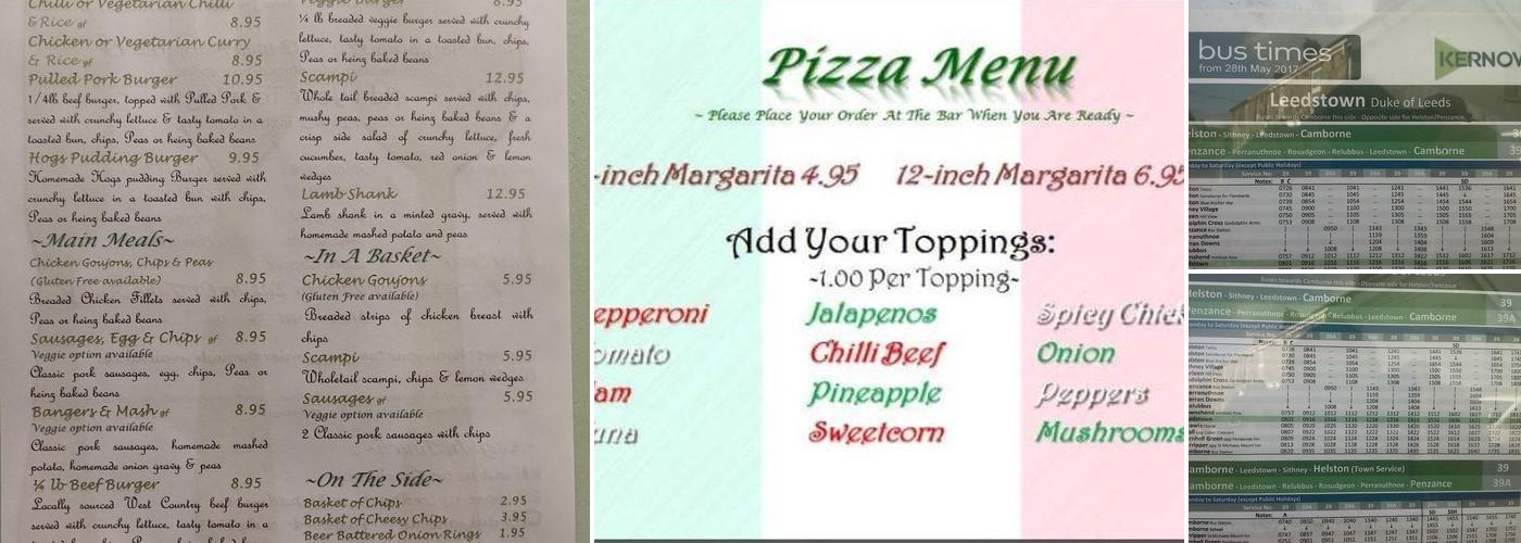 The Duke of Leeds Menu