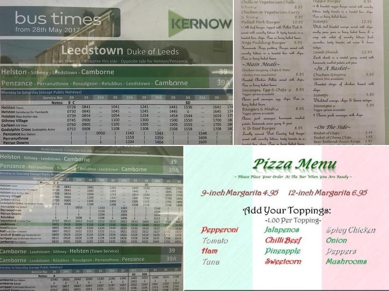 The Duke of Leeds Menu