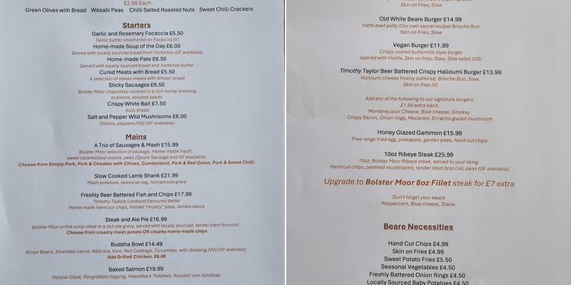 Old White Beare Norwood Green Menu