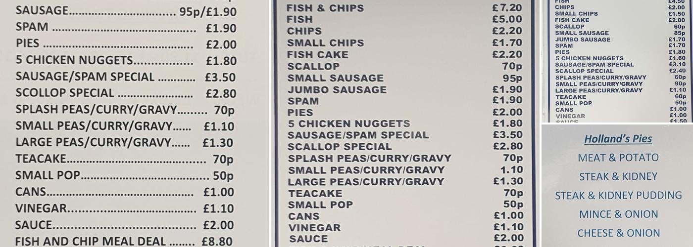 Stretchgate Fisheries Menu