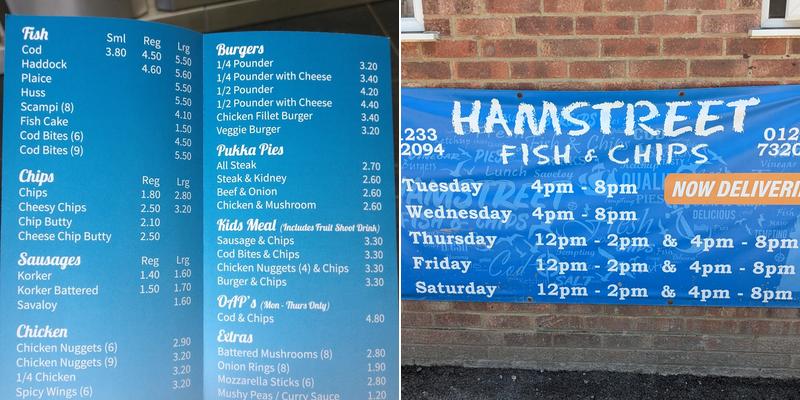 Hamstreet Fish & Chip Shop Menu
