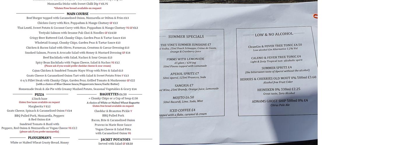 The Vine at Hannington Menu