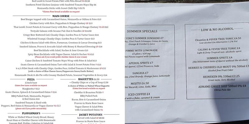 The Vine at Hannington Menu