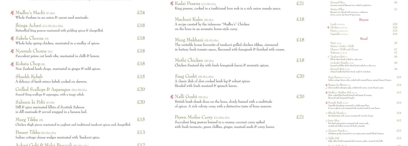 Madhu's Heathrow Menu