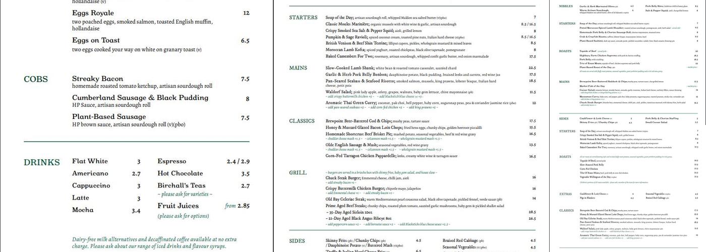 Old Cock Inn, Harpenden Menu