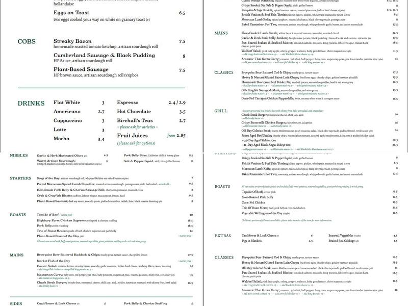 Old Cock Inn, Harpenden Menu