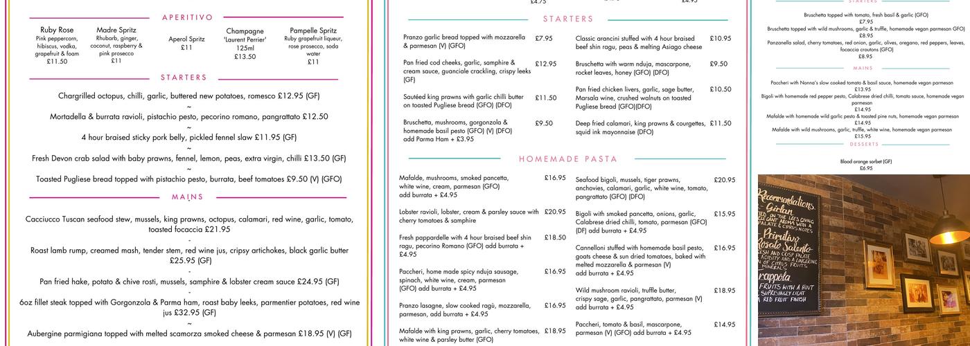 Pranzo Italian Harrogate Menu
