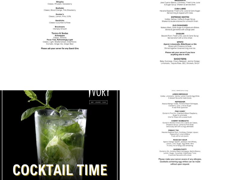 Ivory Bar Menu