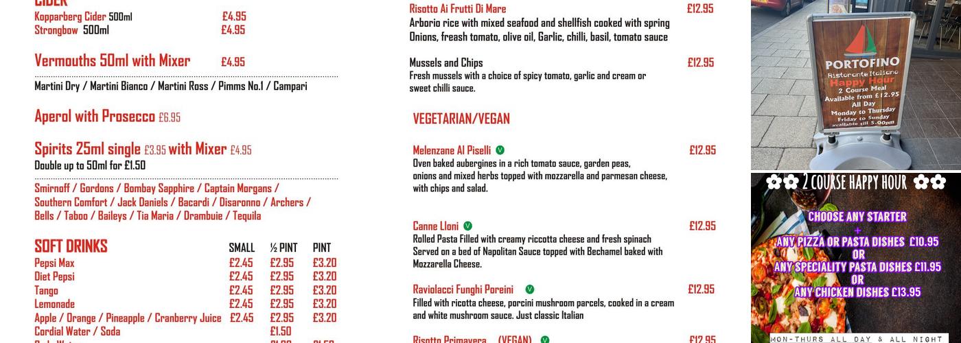 Portofino Harrogate Menu