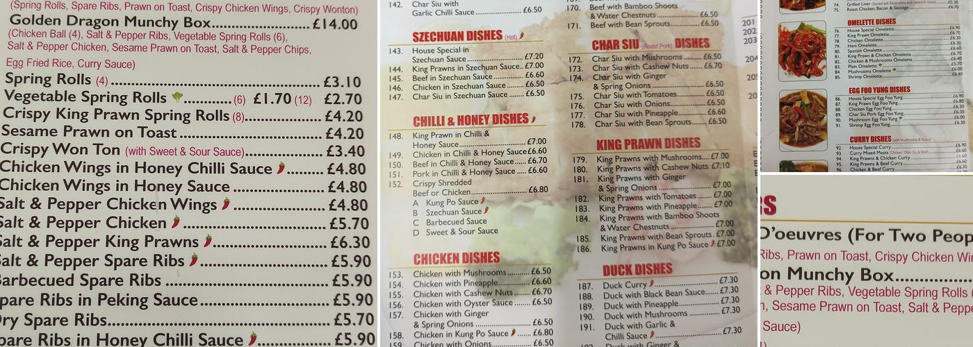 golden dragon Menu