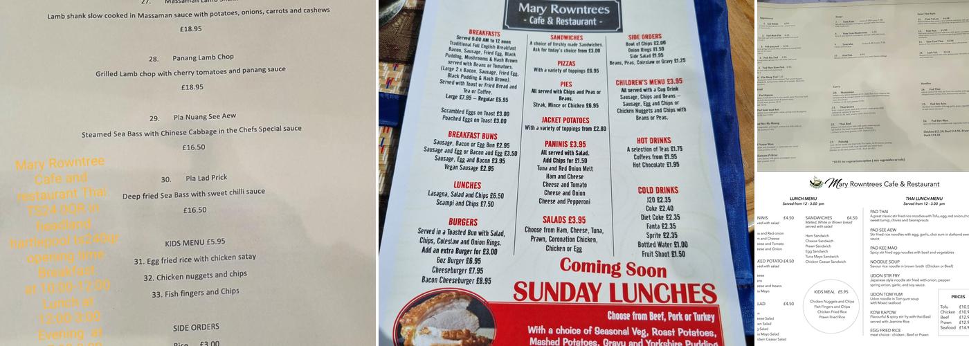 Mary Rowntrees Cafe and restaurant Thai Menu