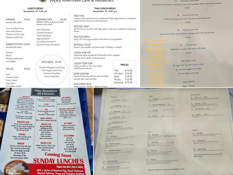 Mary Rowntrees Cafe and restaurant Thai Menu