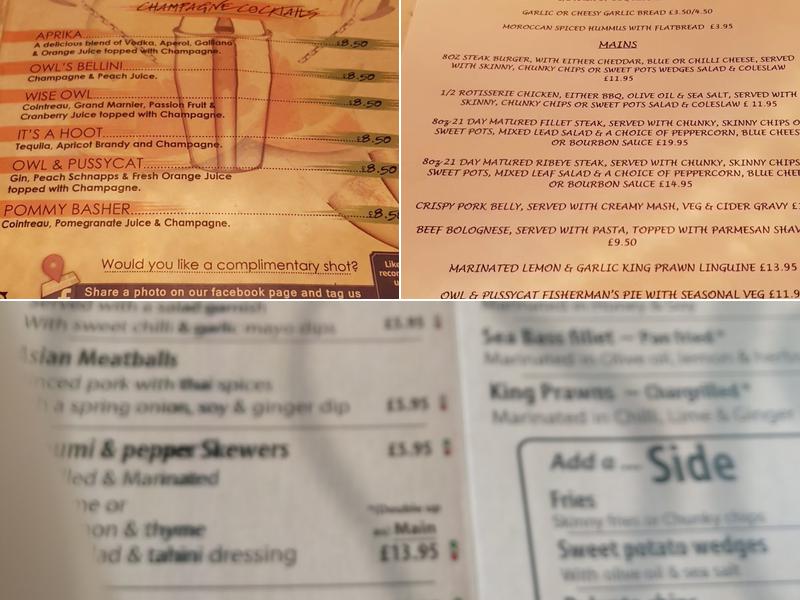 The Owl & Pussycat Lounge Menu