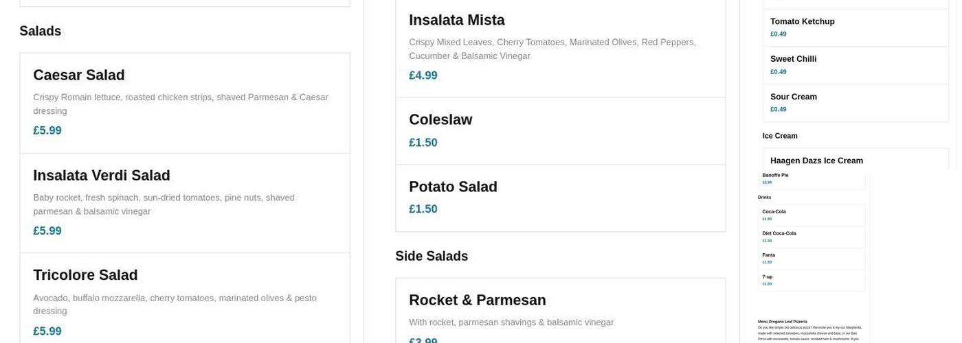 Oregano Leaf Pizzeria Menu