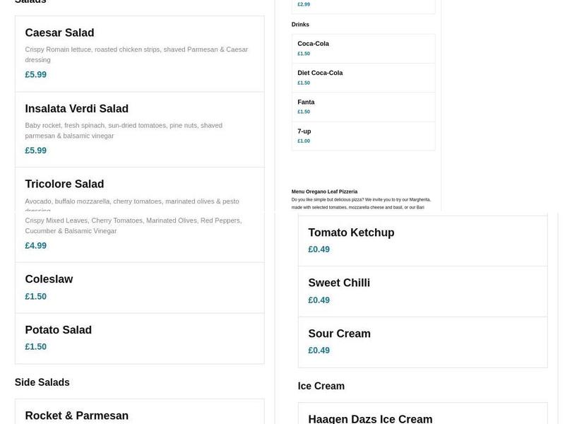 Oregano Leaf Pizzeria Menu