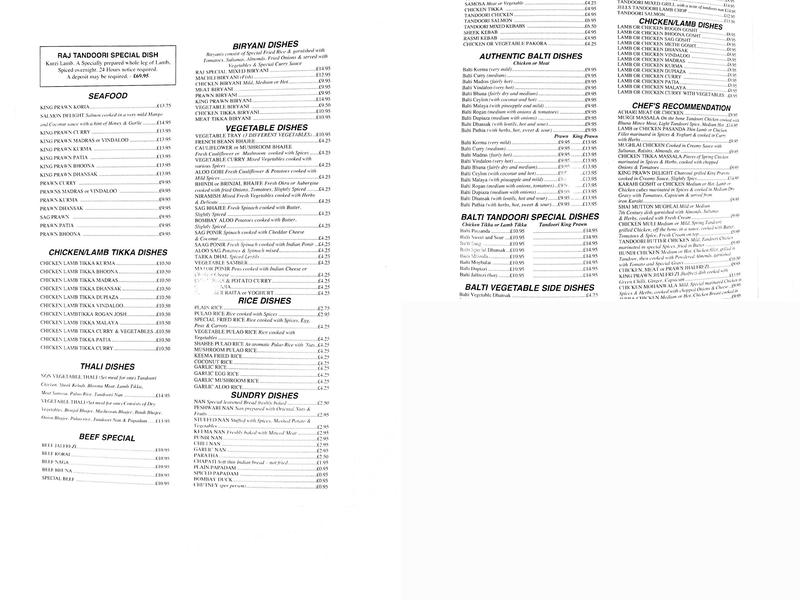 Raj Tandoori Menu
