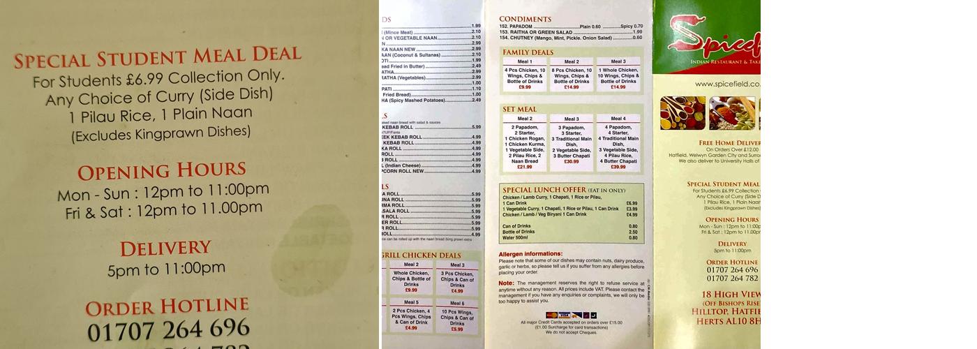 Spice Field Menu