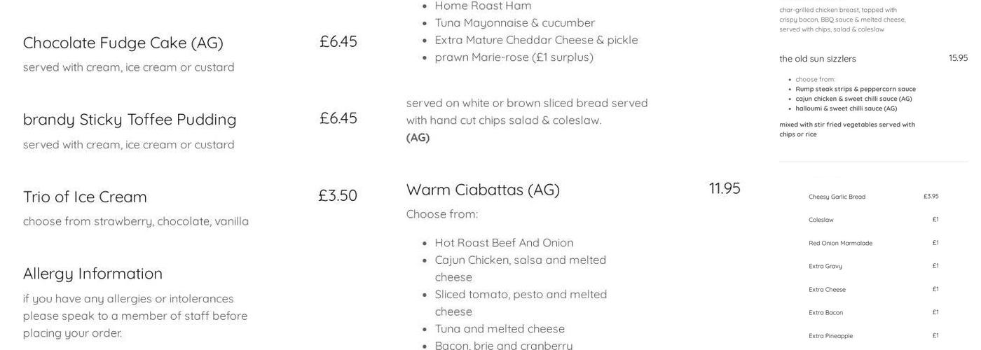 The Old Sun Inn Menu