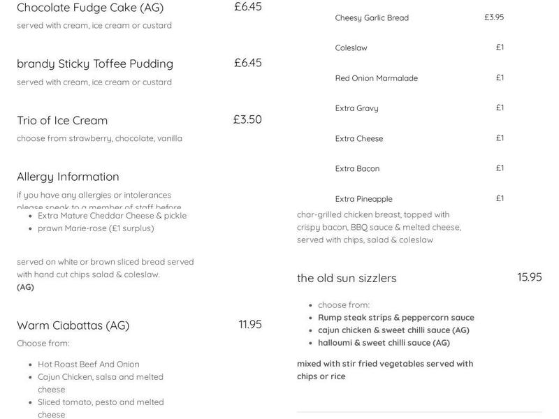 The Old Sun Inn Menu