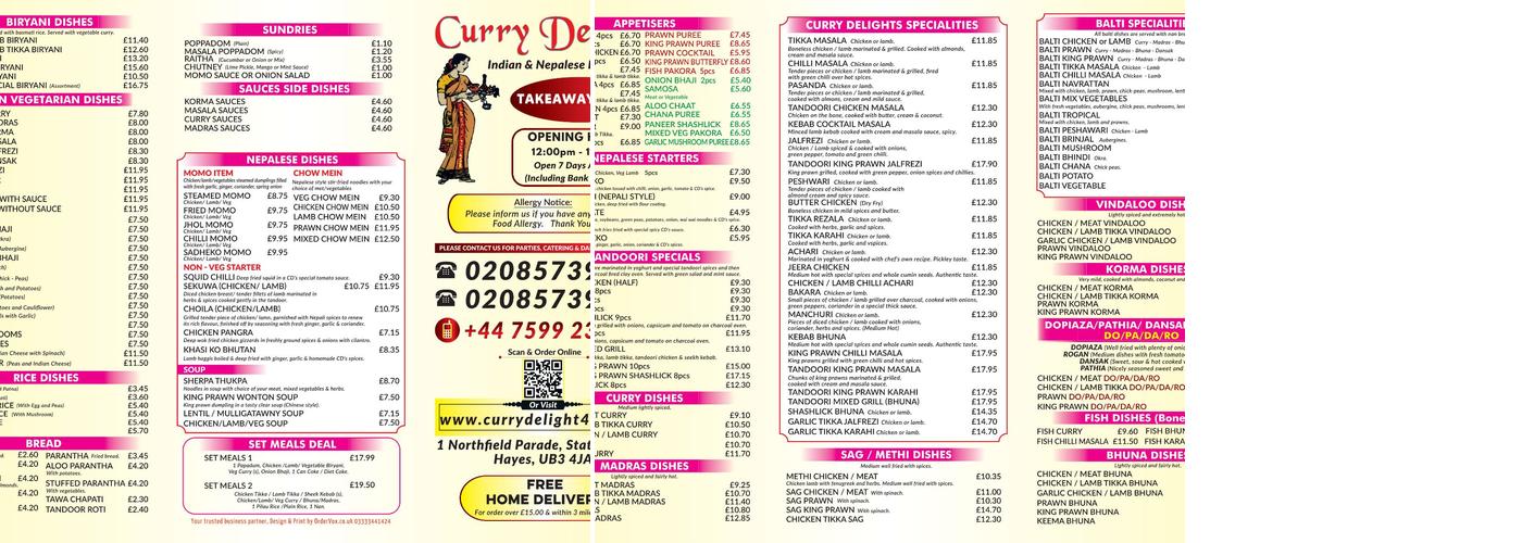 Curry Delight Indian and Nepalese Cuisine Menu