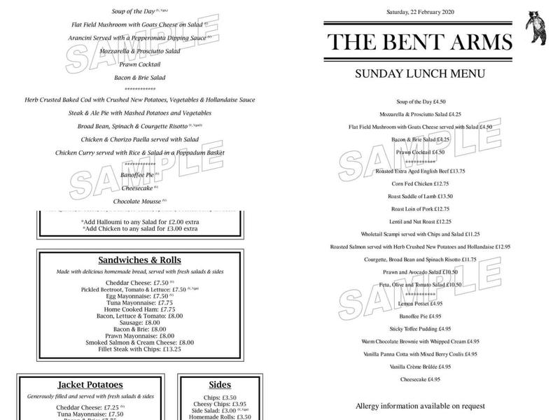 The Bent Arms Menu