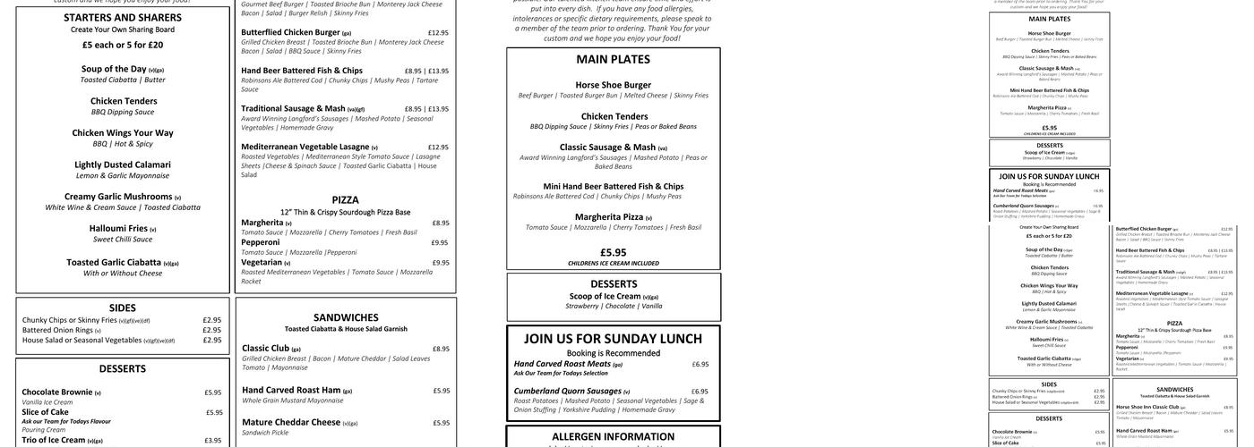 Horse Shoe Inn, High Lane Menu