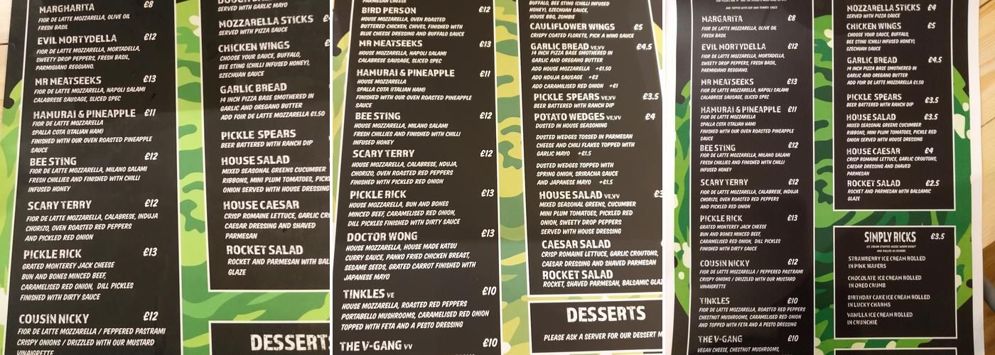Pickle Rick's Pizza Menu