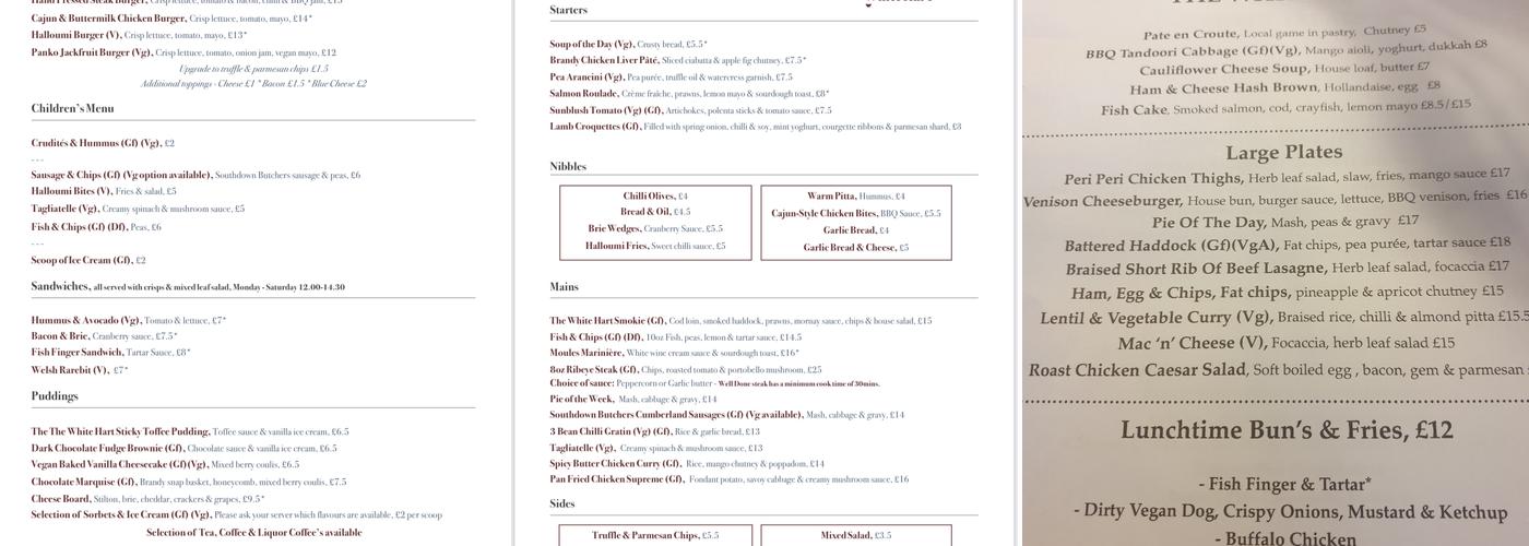 The White Hart Menu