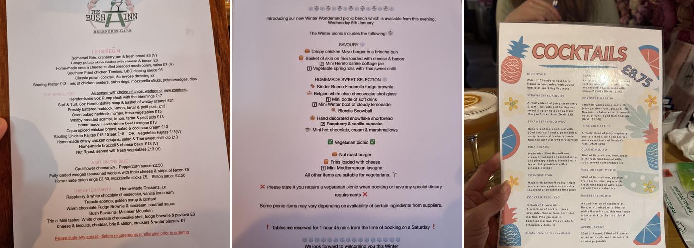 Bush Inn Herefordshire Menu