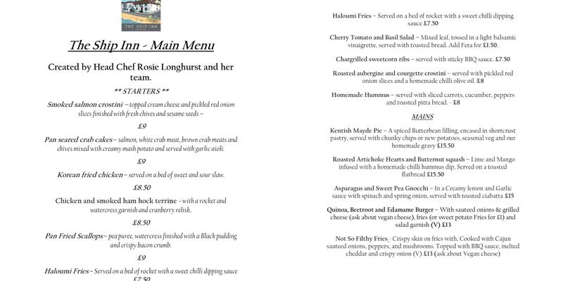 The Ship Inn Menu