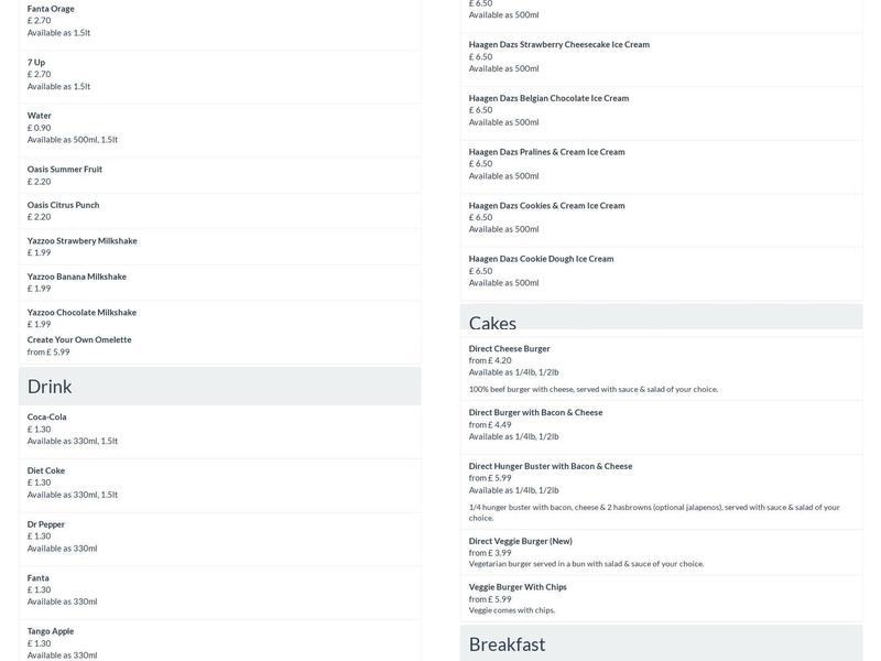 Direct Pizza | Herne Bay Menu