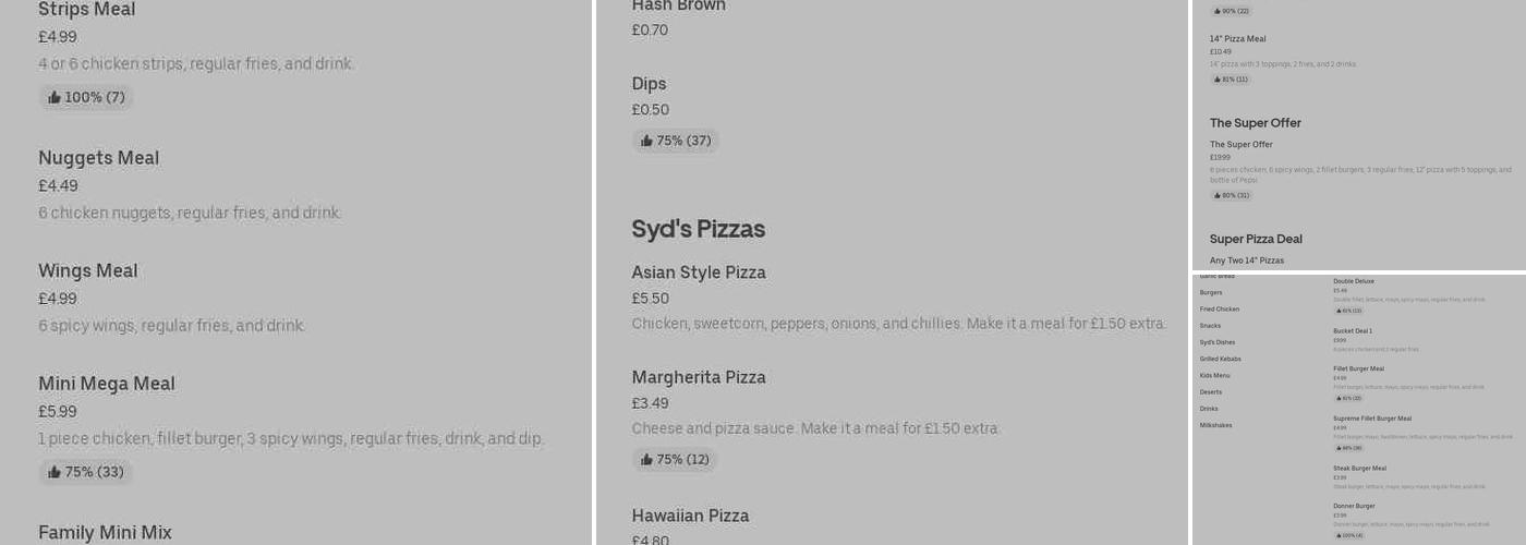 Syd's Chicken and Pizza, Heywood Menu