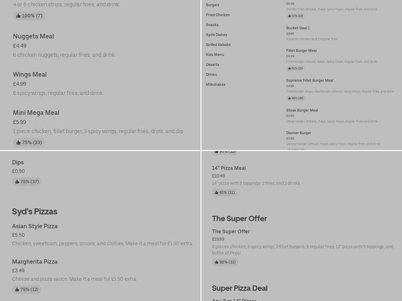 Syd's Chicken and Pizza, Heywood Menu