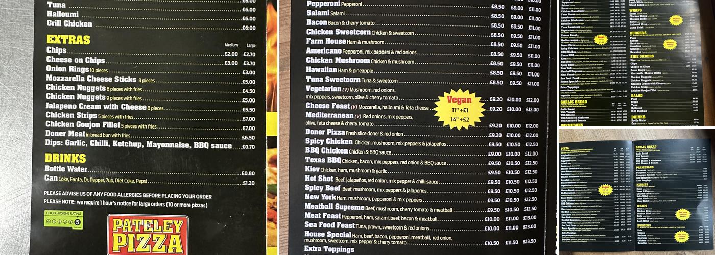 Pateley Pizza Menu