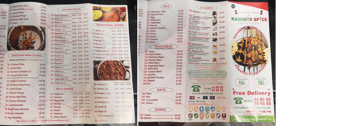 Kashmir Spice Menu