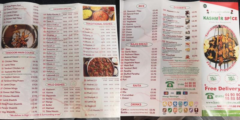 Kashmir Spice Menu