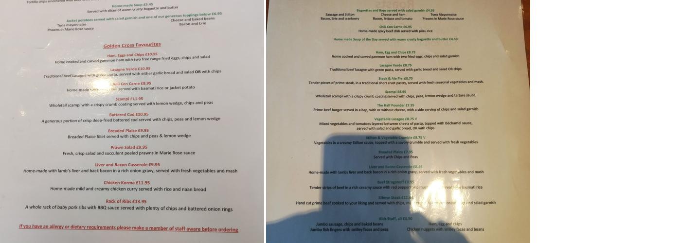 The Golden Cross Public House Menu