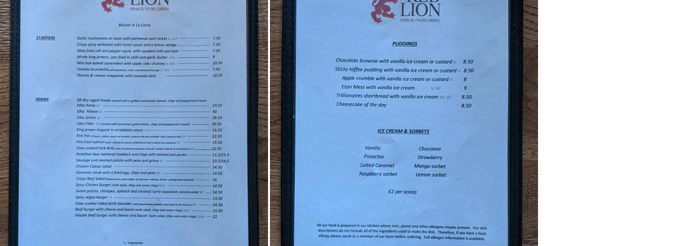 The Red Lion Menu