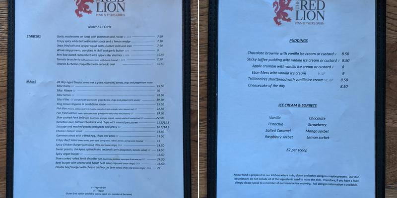 The Red Lion Menu