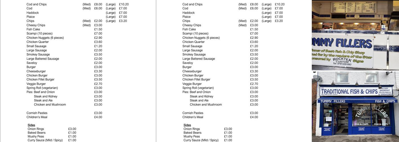 Tummy Fillers Fish and Chips Menu