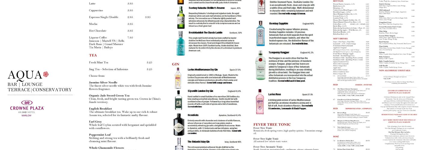 Aqua Bar & Conservatory Menu