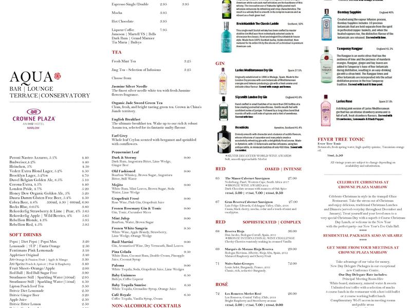 Aqua Bar & Conservatory Menu