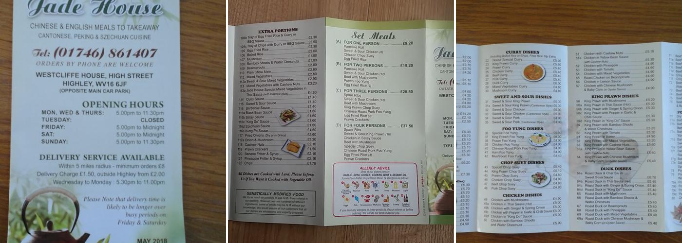 Jade House Chinese Take Away Menu